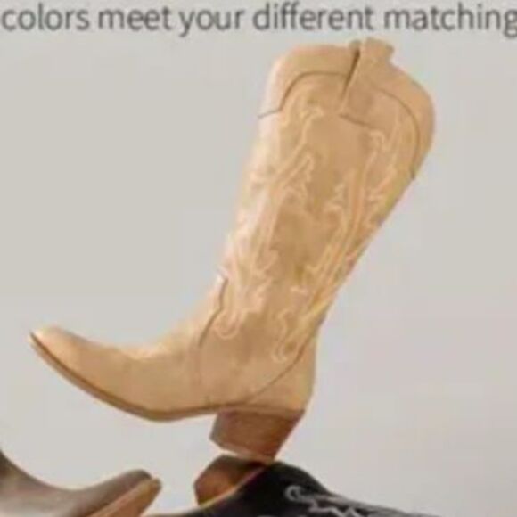 NIB- SZ 9 MidCalf Cowgirl Boots Embroidered Western Pointed Toe Chunky Heel TAN - Picture 4 of 6